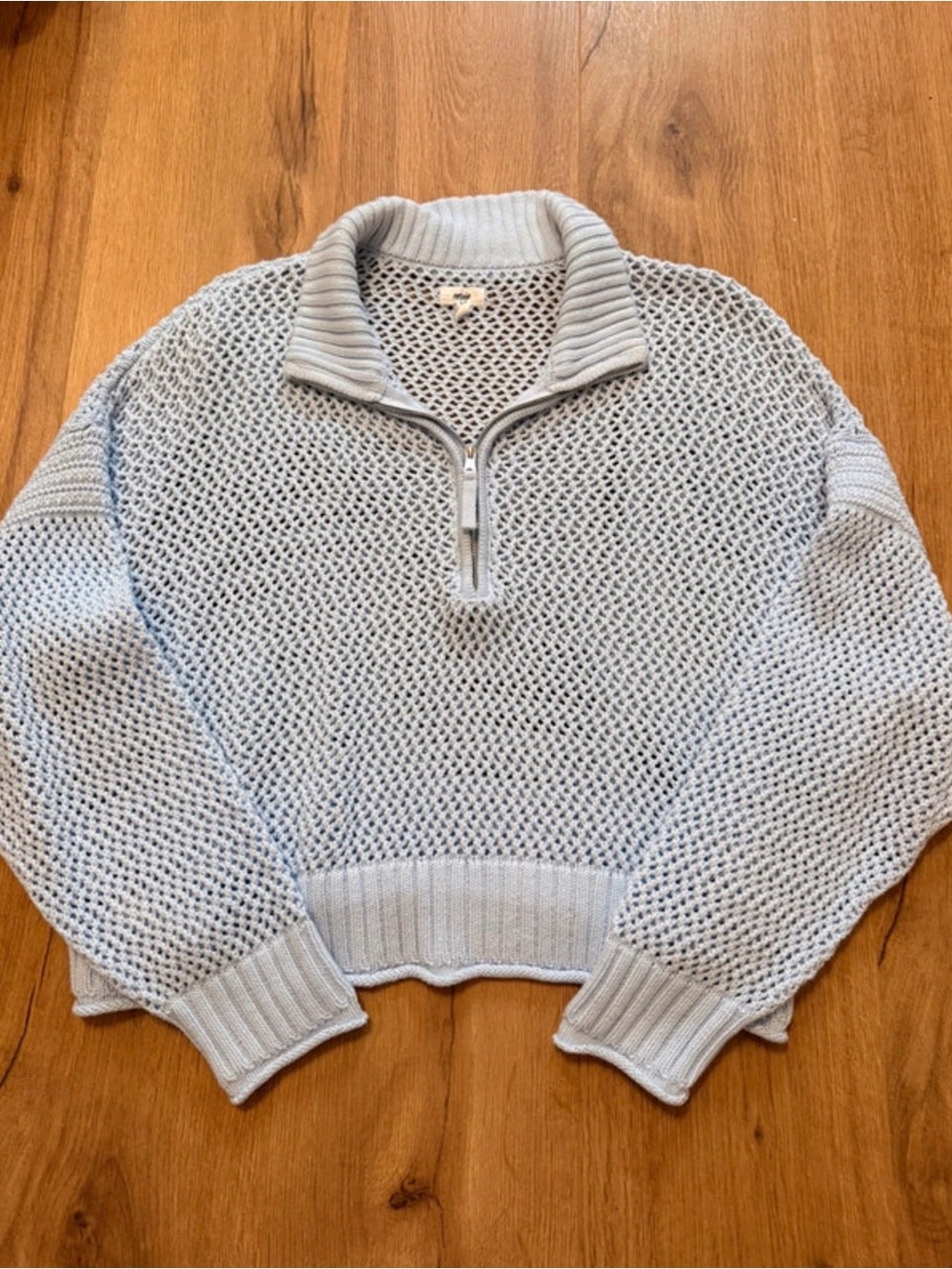 aerie Light Blue Half-Zip Open-Knit Turtleneck Sweater